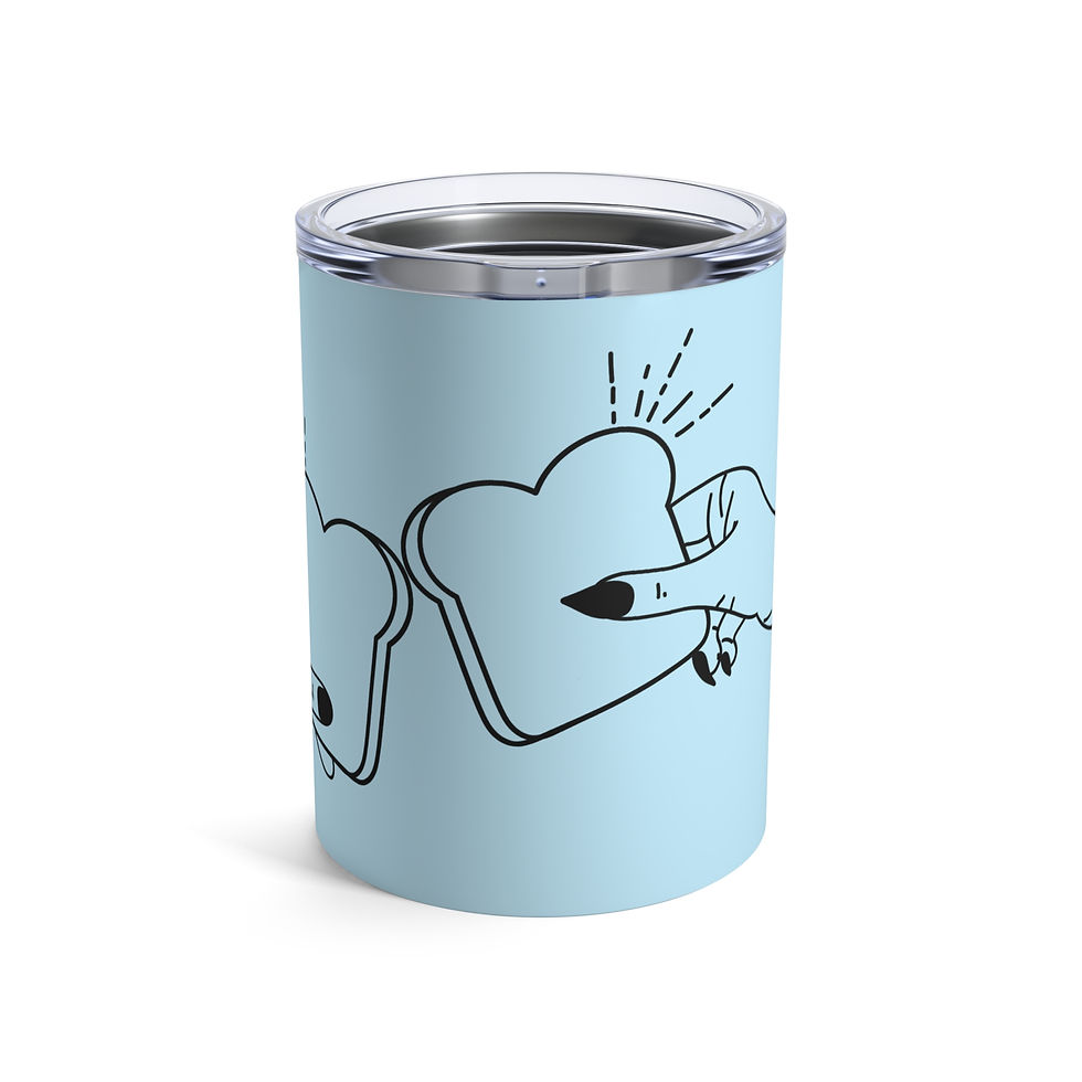 Blue travel tumbler with funny toast design featuring two slices of bread clinking together like a toast, illustrated by Road
