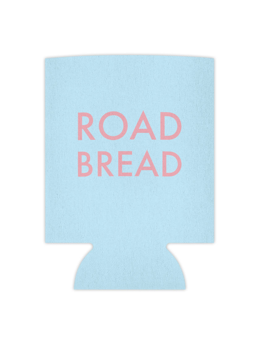 Back view of the same koozie on a can with pink “ROAD BREAD” lettering centered