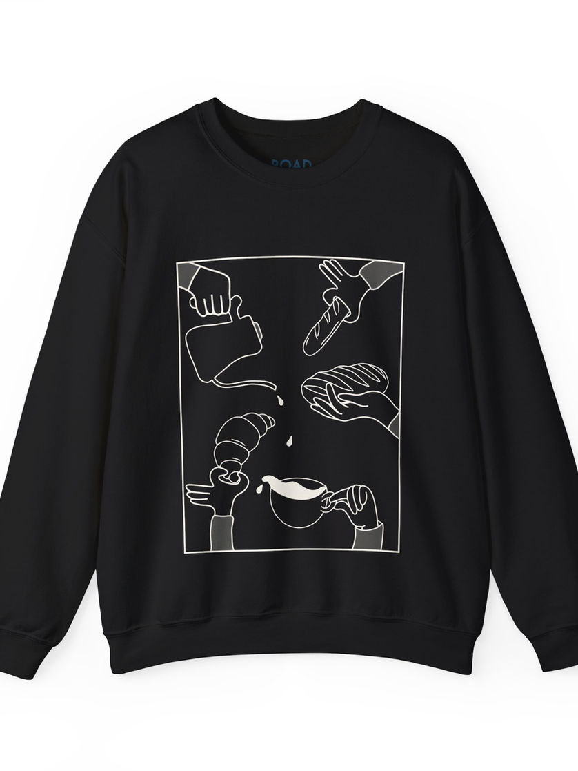 Front of black sweatshirt with Bread Party comic-style bread panel illustration – unique foodie crewneck