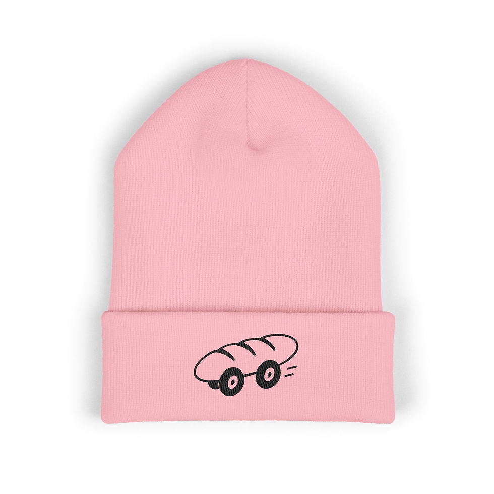 Pink beanie with baguette on wheels design