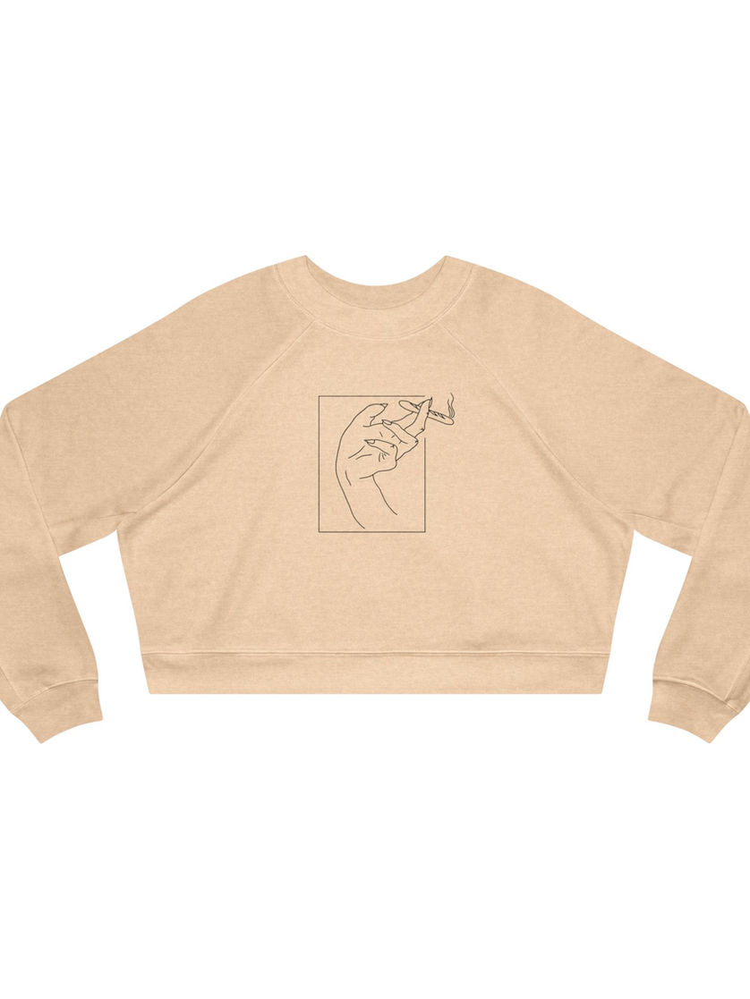Tan cropped crewneck with black line art design of a hand holding a baguette like a blunt, centered on the chest.