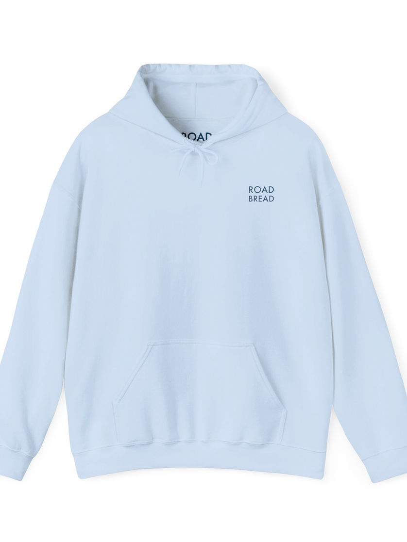 Front of light blue hoodie with Road Bread text logo