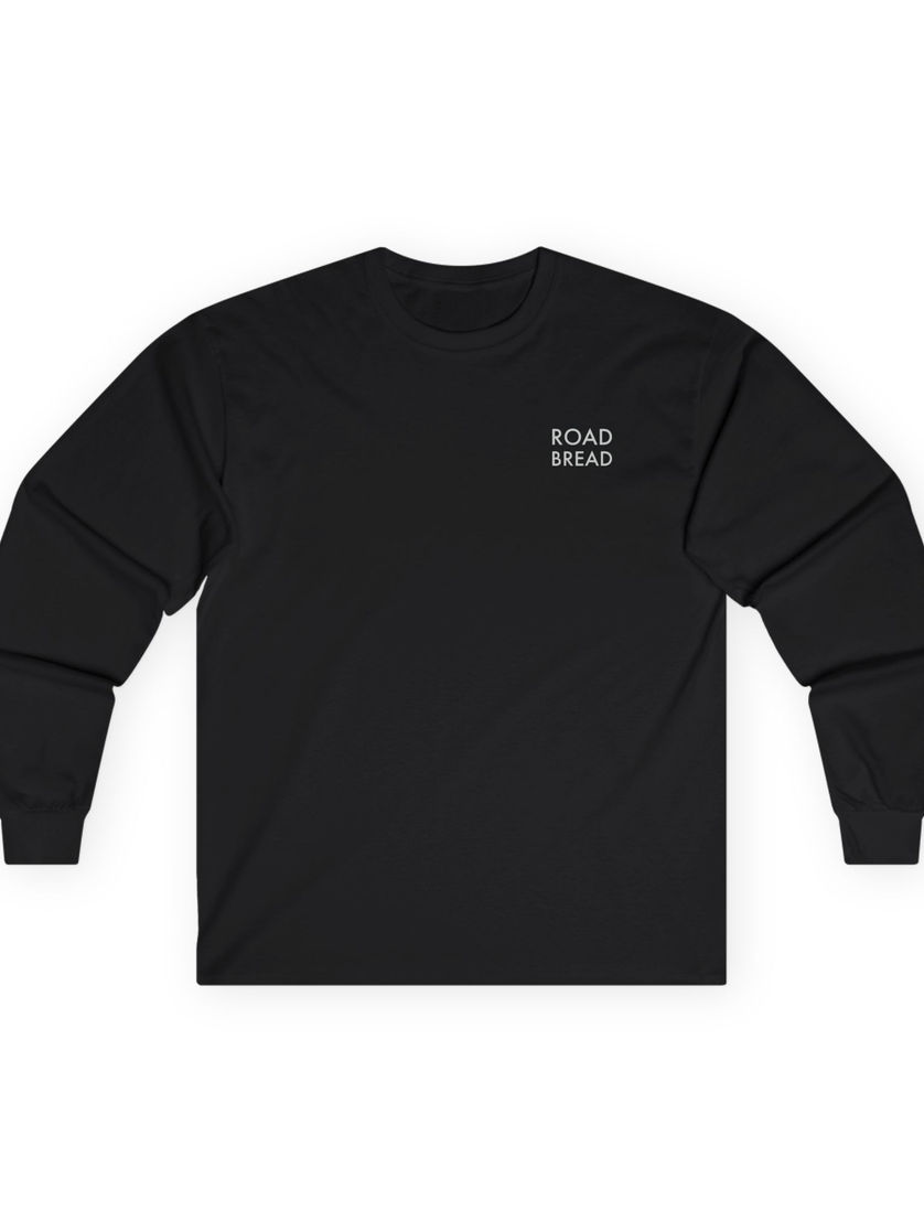 Front view of black long sleeve shirt with minimalist Road Bread logo