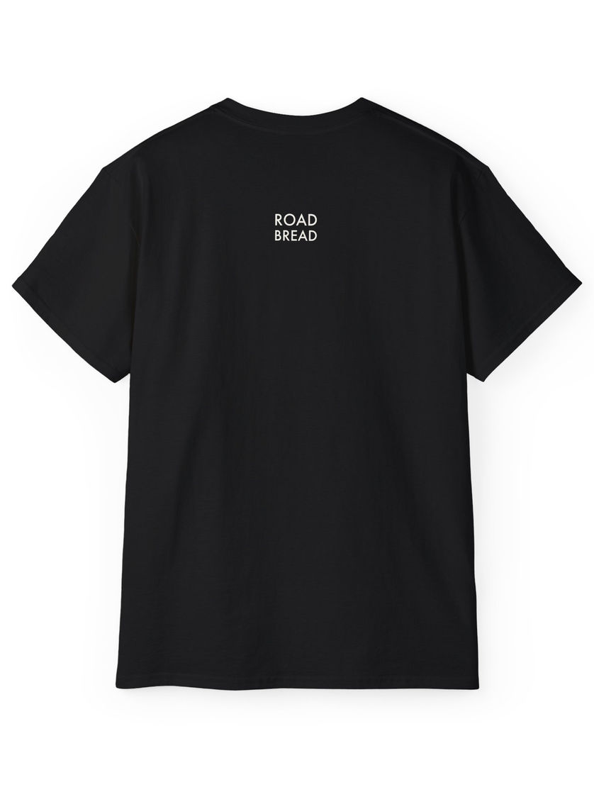 Black T-shirt, back view, contrasting white ROAD BREAD logo just under the neckline