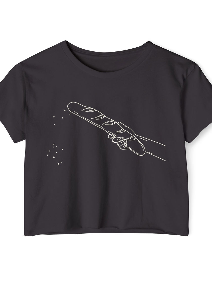 Black crop top with a hand holding a baguette Breader Days Ahead Crop Top.