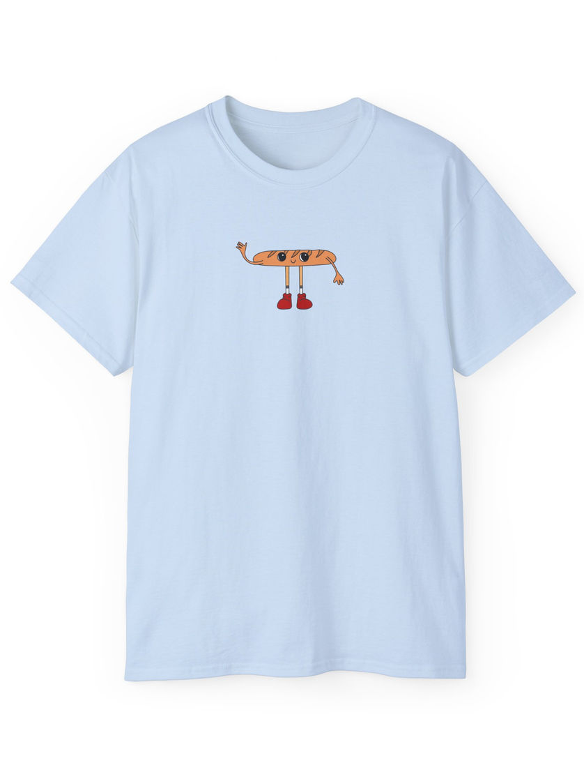 Light-blue T-shirt with a centered Bread Boi cartoon baguette in red shoes