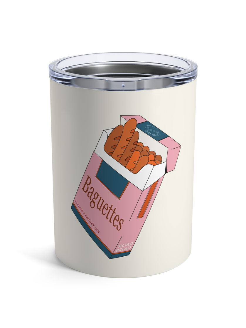 Cream-colored travel mug with a satirical baguette cigarette pack illustration, reading "Baguettes" – perfect gift for bread
