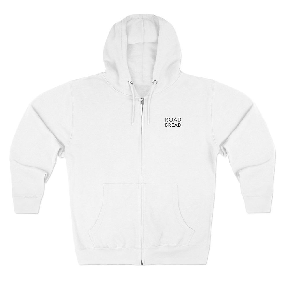 White zip-up hoodie with 'Road Bread'  text