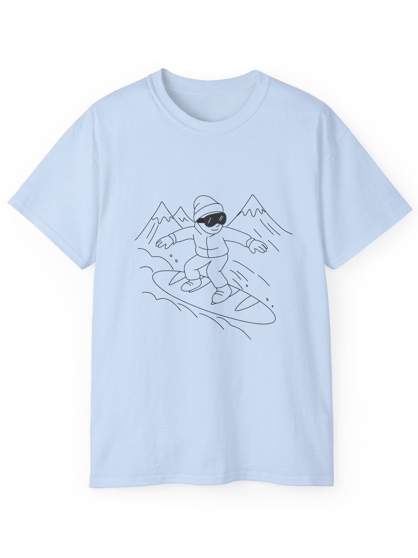 Light blue T-shirt with a snowboarding illustration Crumb Tray T-Shirt and mountains.