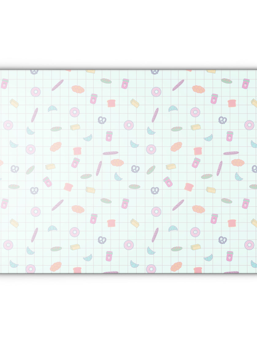 Retro bread cutting board with fun and vibrant food icons on a light grid design