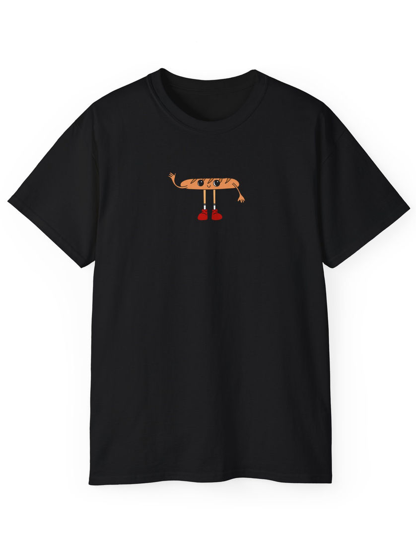 Black unisex cotton T-shirt with the miniature Bread Boi baguette design front and center