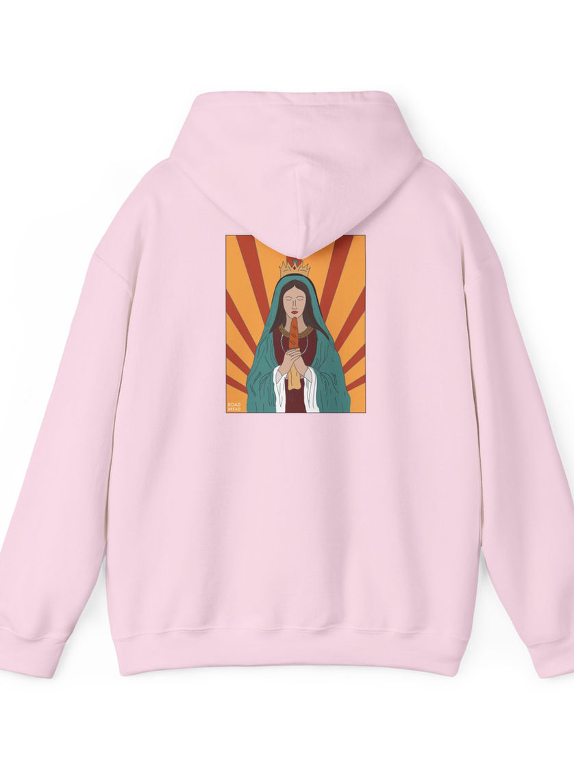 Pink hoodie with bold Virgin Mary bread design on back