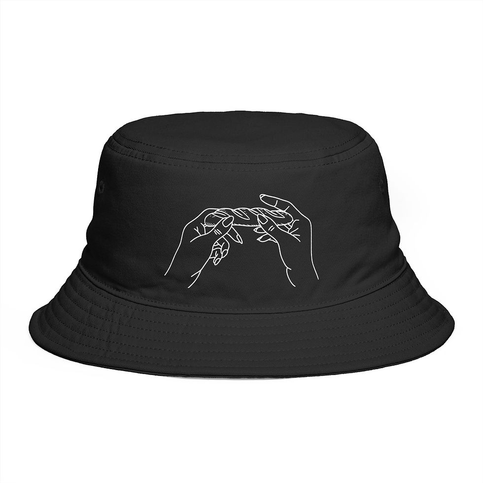 Black bucket hat with white line art of hands rolling a baguette as if it were a blunt