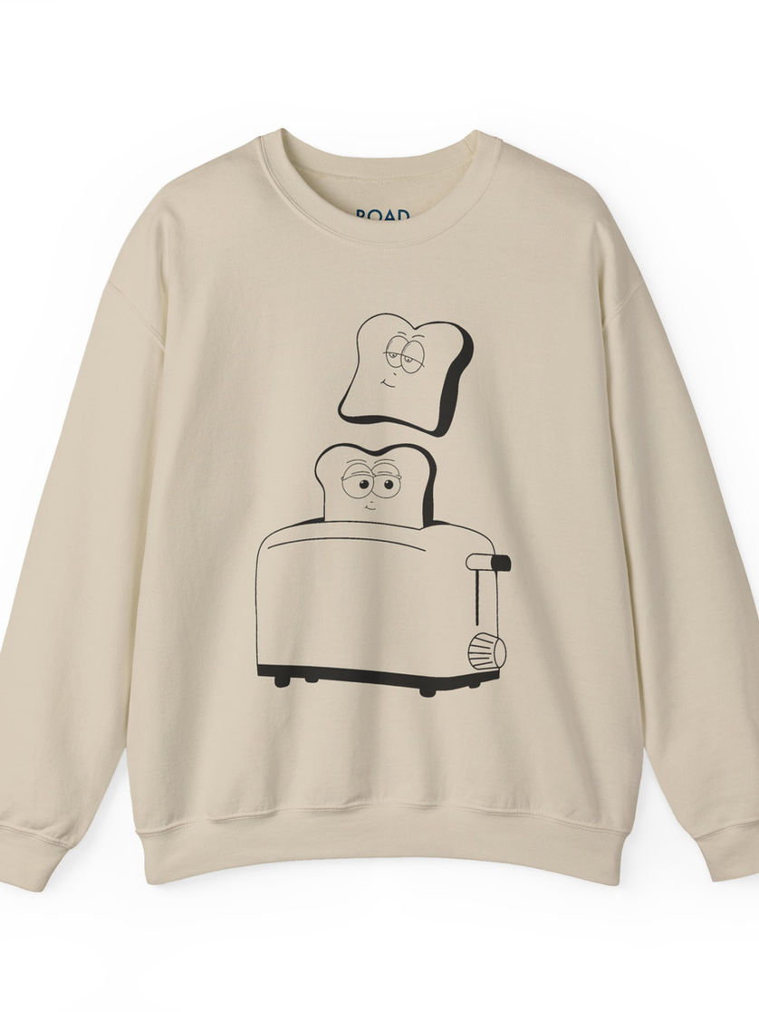 Beige Breader Days Ahead Crewneck with cartoon toaster and bread illustration.