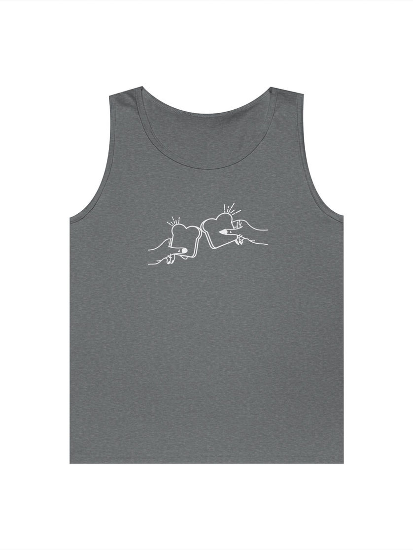 Dark gray tank top, front view featuring minimal line drawing of hands raising toast.