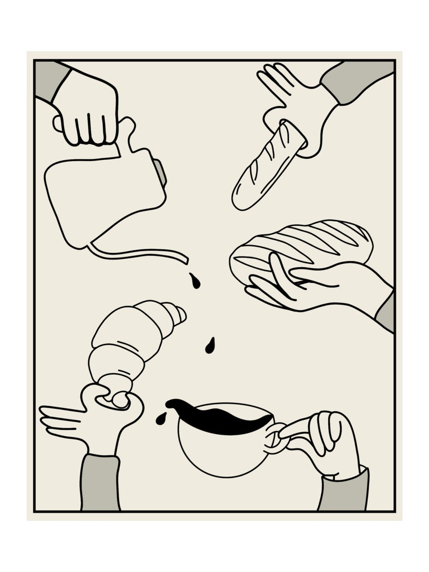 Hands sharing coffee, croissant, baguette, and bread, printed on a poster