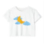 A white cropped t-shirt featuring a yellow croissant shaped like a crescent moon floating between fluffy blue clouds.
