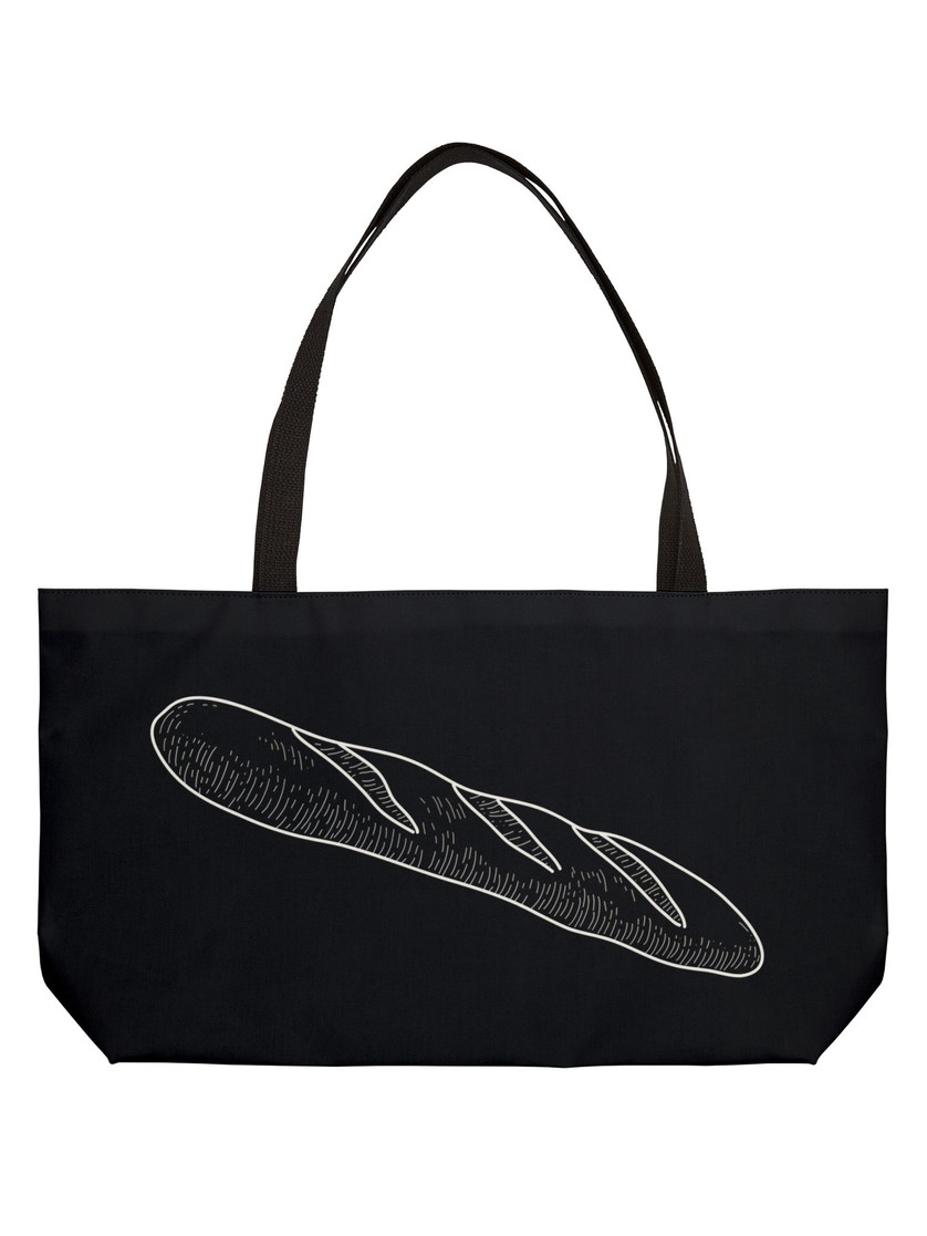 Back view of the same tote, showing a minimalist white line drawing of a single baguette centered on the fabric