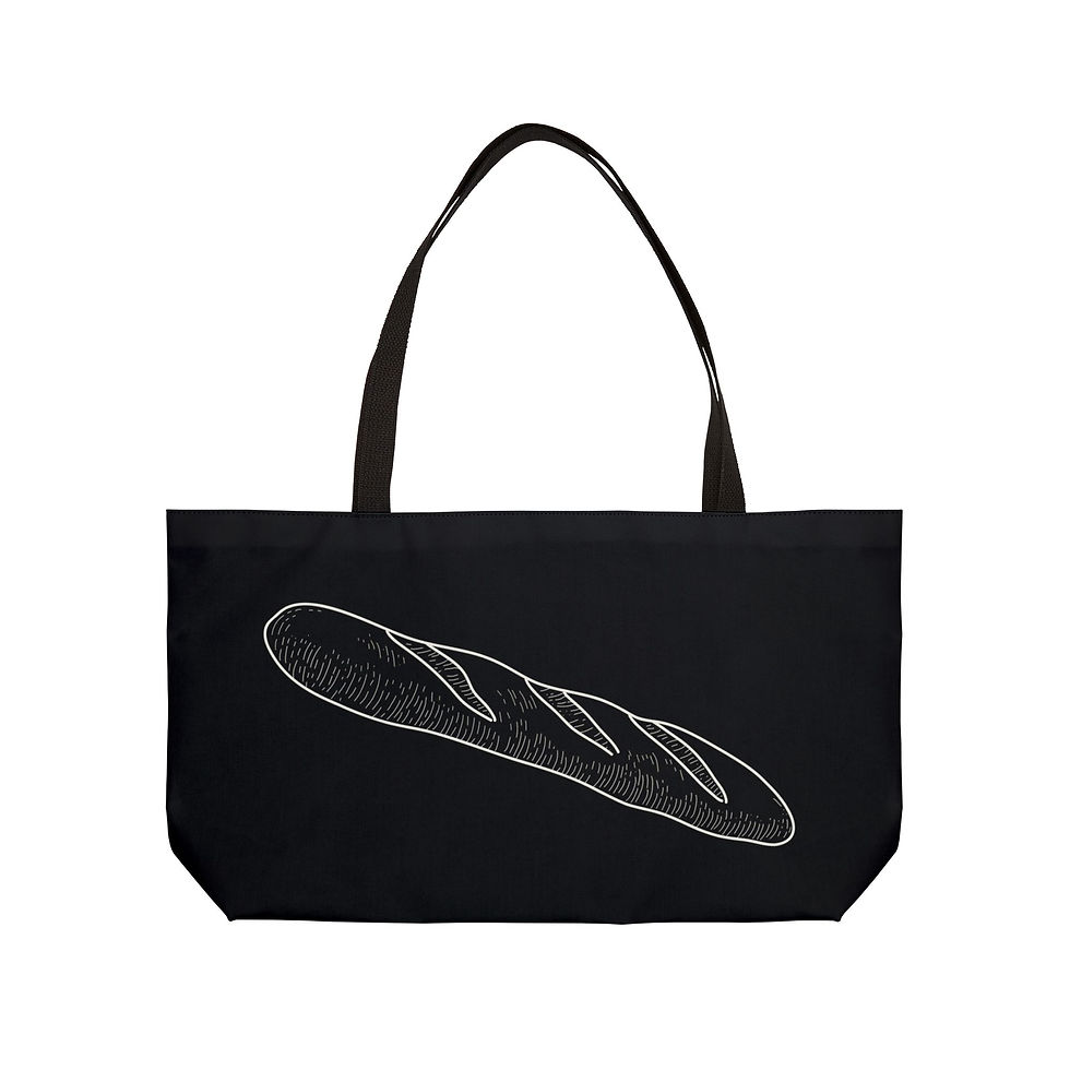 Back view of the same tote, showing a minimalist white line drawing of a single baguette centered on the fabric