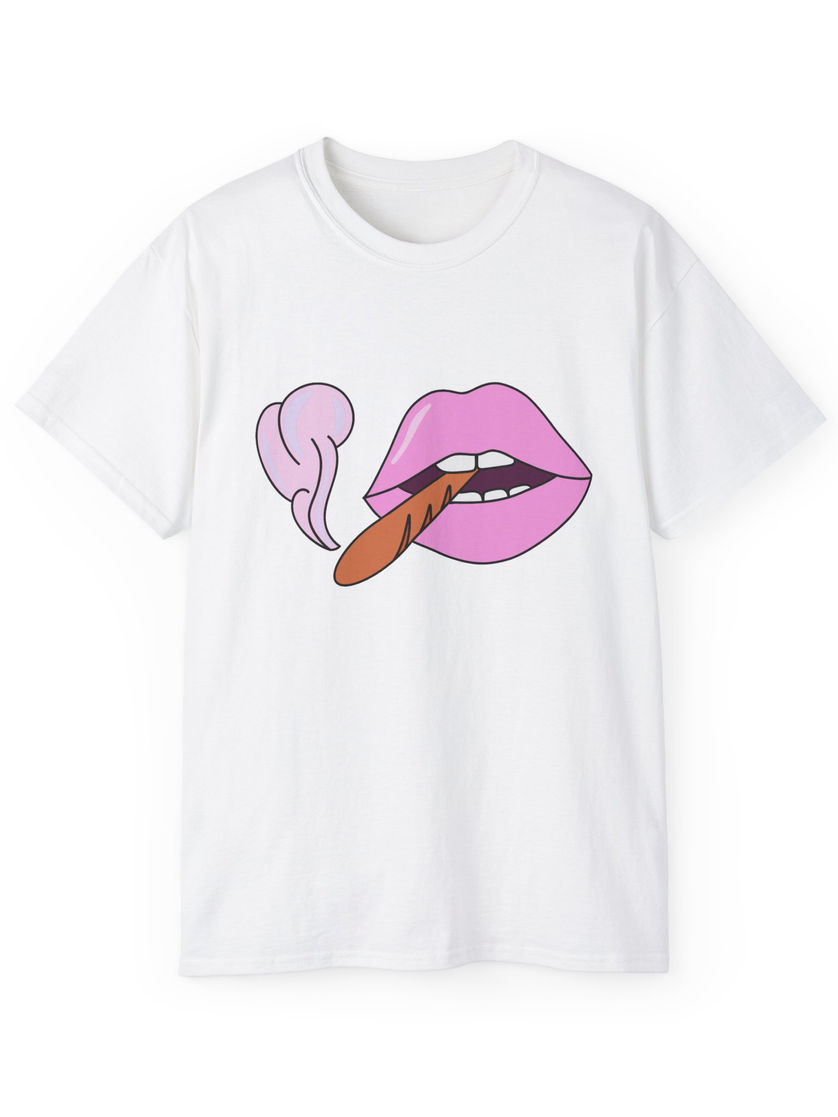 White Puffin' Pastry t-shirt with bold graphic of lips and baguette puffing smoke, humorous foodie design.