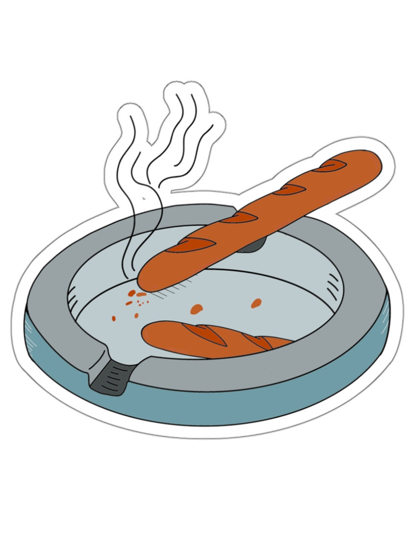 Crumbtray vinyl sticker featuring a smoking baguette in an ashtray