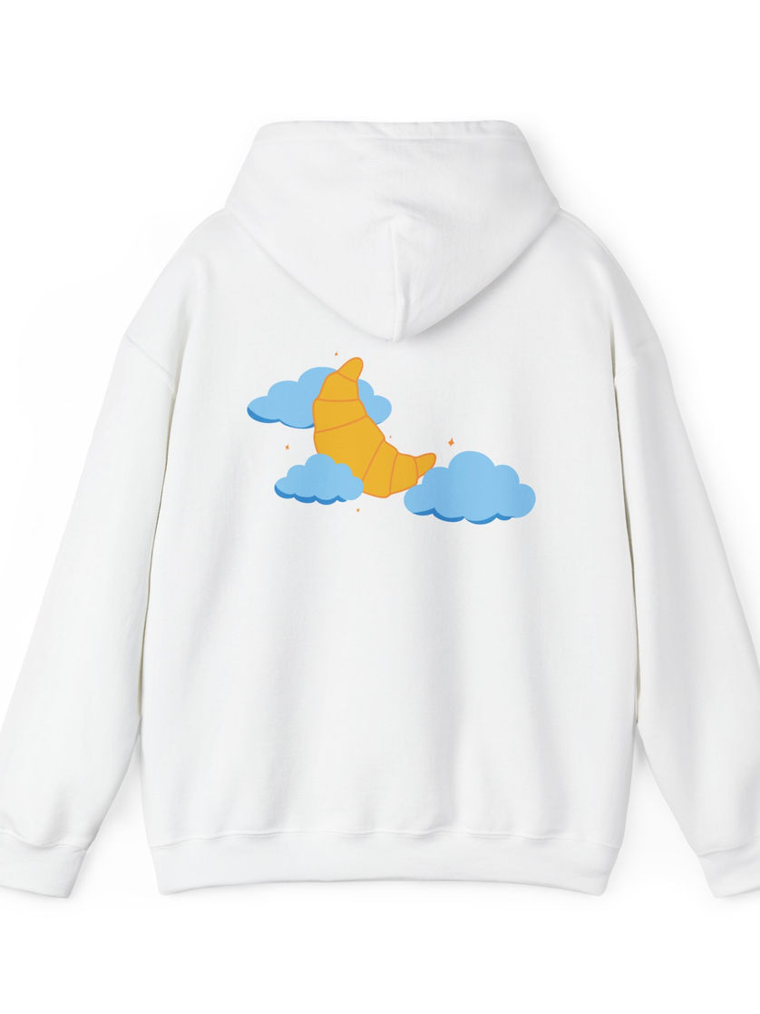 White hoodie with croissant moon graphic between clouds printed on the back