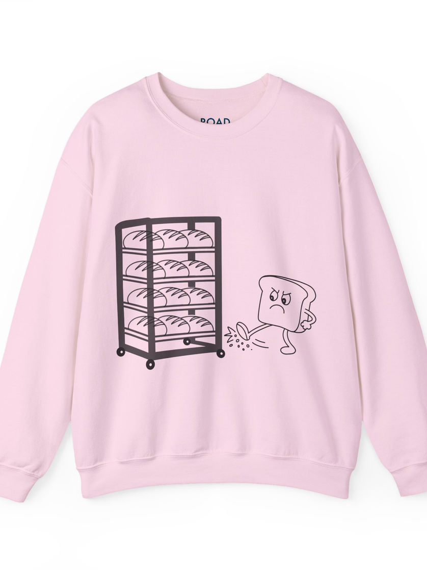 Pink Shreddy Baguetti Crewneck, cartoon bread character and bread rack on white background.