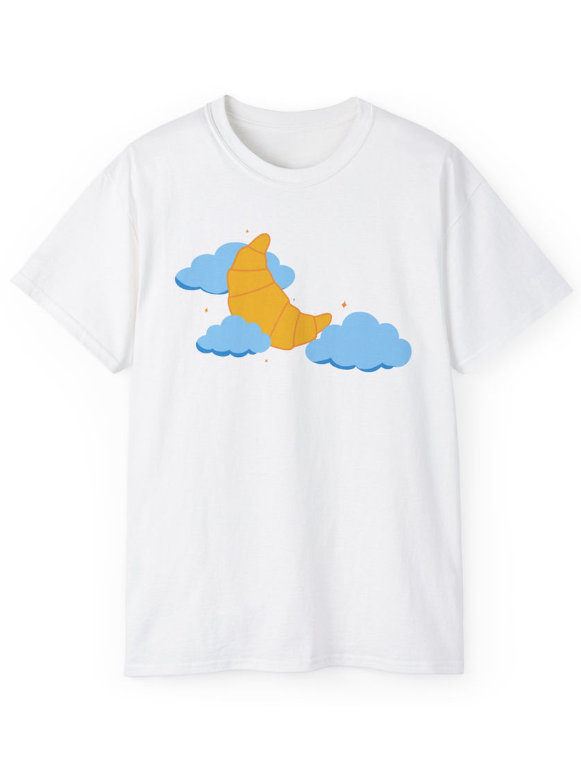 White t-shirt with a cartoon crescent moon and blue clouds illustration.