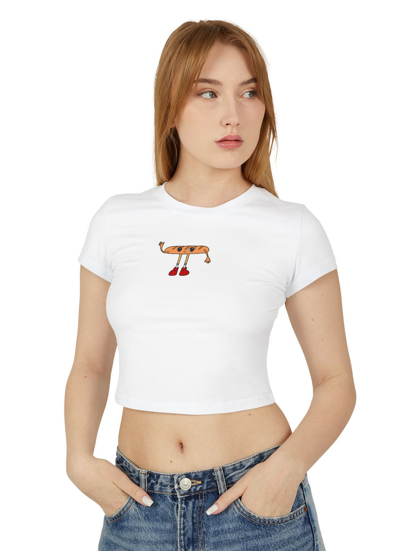 Model wearing white Bread Boi baby tee, cropped fit above waist