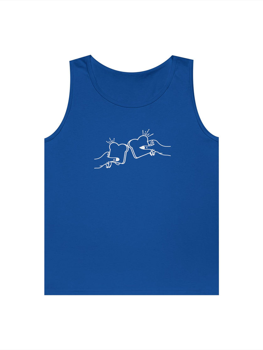 Blue tank top, front view with two hands holding toast mid-cheers.