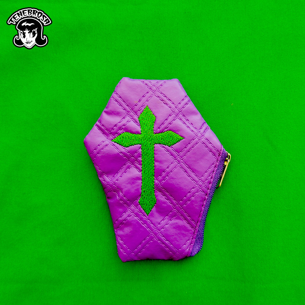 Bolsa porta moedas caixão roxo e verde