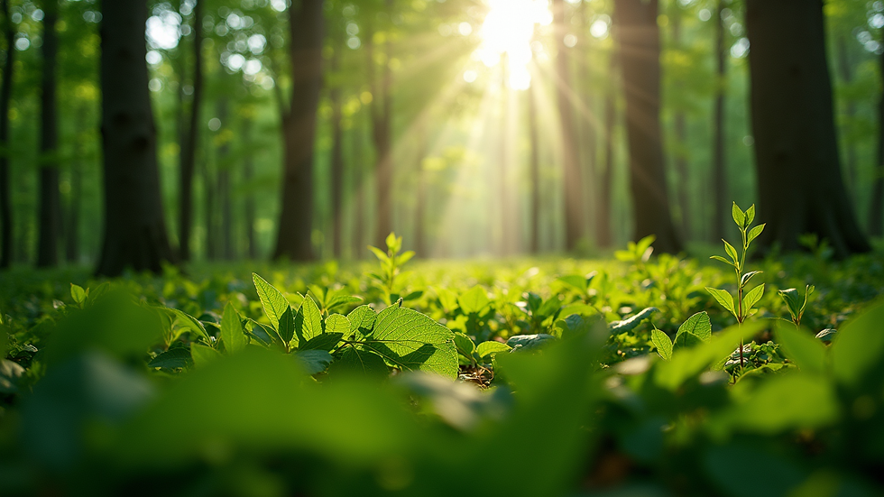 Eye-level view of a lush green forest with sunlight filtering through the leaves