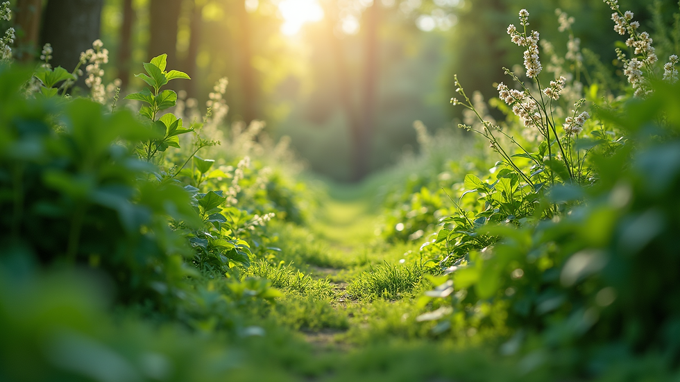 Eye-level view of a lush green garden with diverse plants
