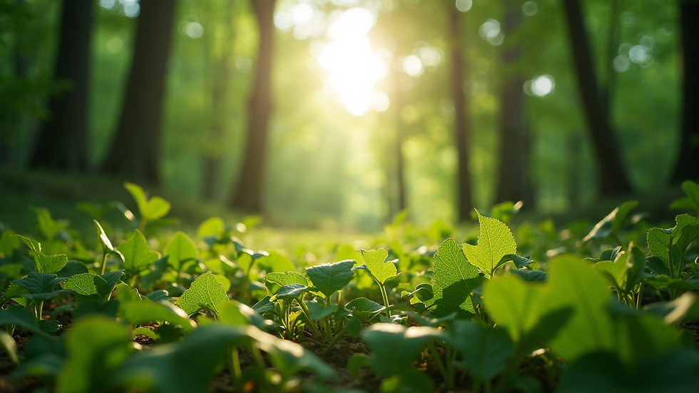 Eye-level view of a lush green forest with sunlight filtering through the leaves