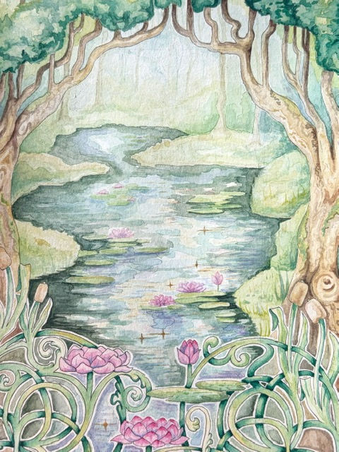 lotus valley painting - pond in a forest with water lilies