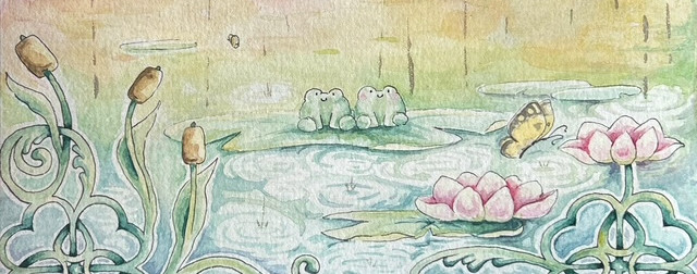 Frog in rain, painted in watercolour