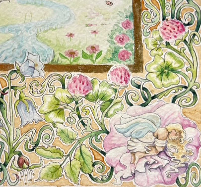 A fairy sleeping on a dog rose in a watercolour painting with butterflies
