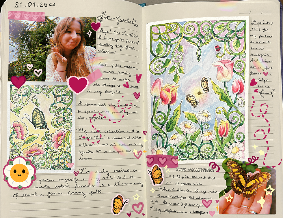 flutter garden diary entry with paintings embedded and stickers with sweet ramblings handwritten