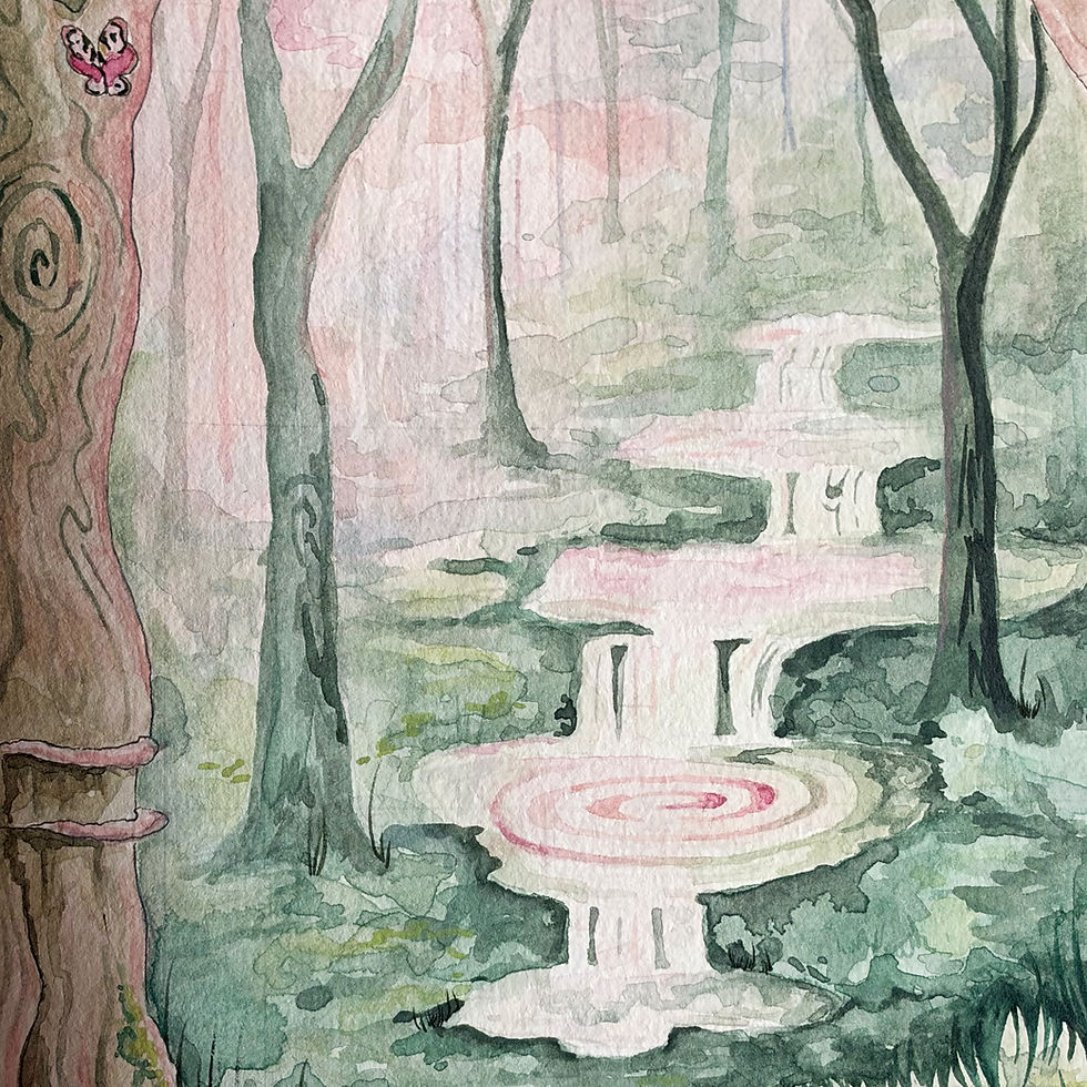 An A5 watercolour painting of a green forrest protected by two trees in the border. With a