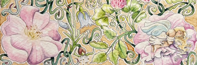 A fairy sleeping on a dog rose in a watercolour painting with butterflies