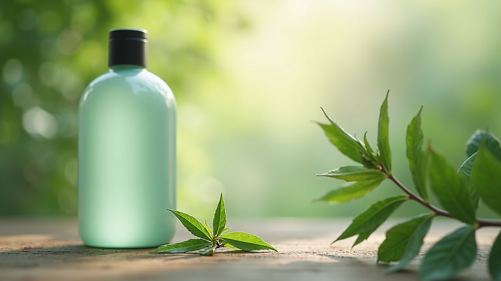 Eye-level view of a shampoo bottle with tea tree leaves in the background