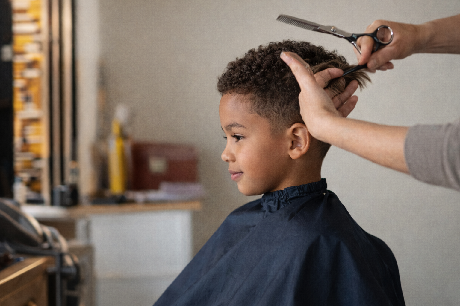 Smiling child, KIDS HAIRCUT, Ruth HAIR & BEAUTY SALON, with salon tools.