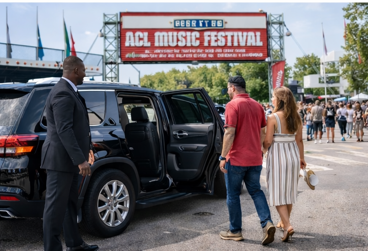 Chauffeur opens car door for couple at ACL Festival
