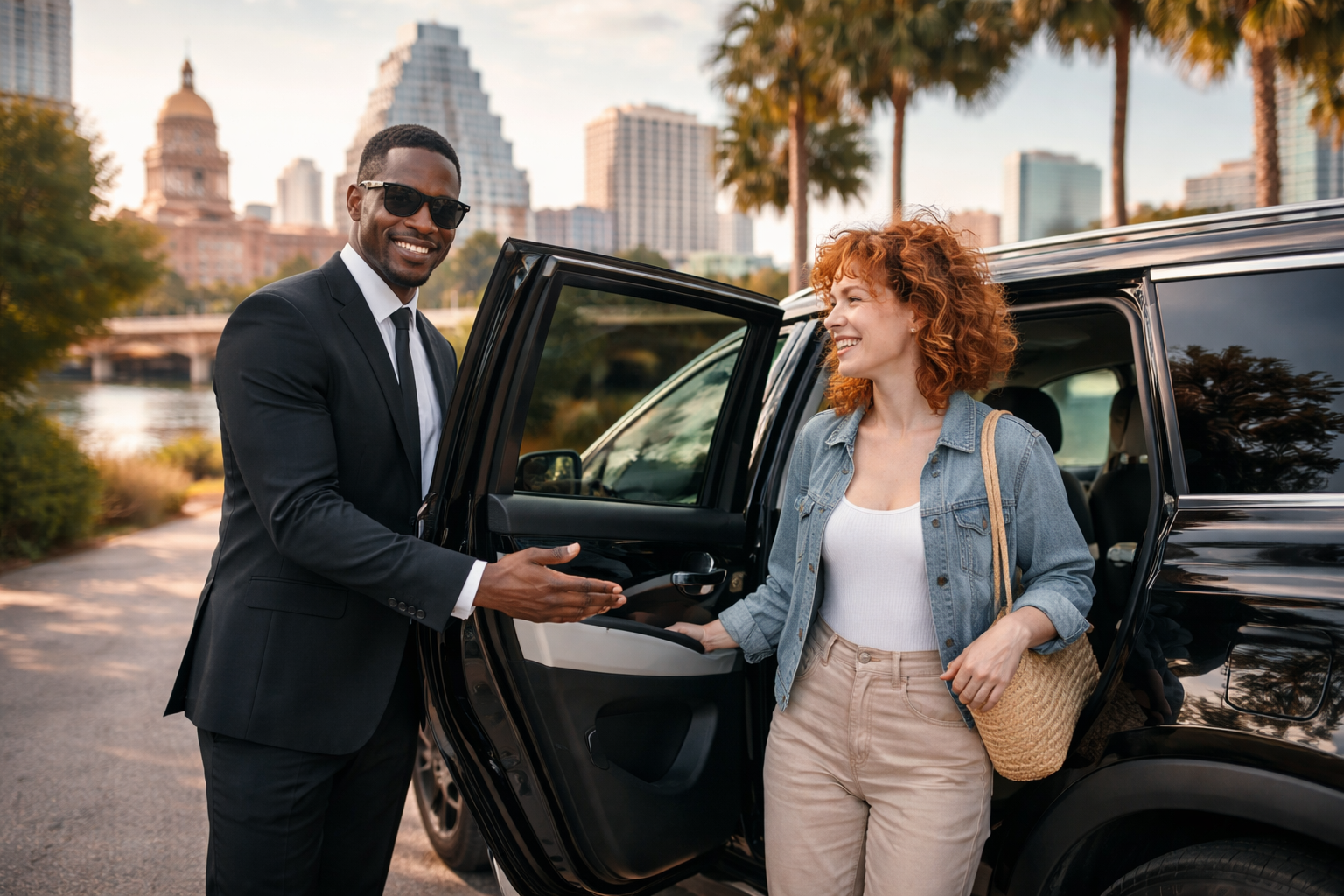 Chauffeur opens car door for female passenger in city