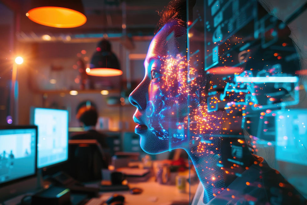 Digital human face blended with data and light patterns in a modern creative office, symbolizing how AI transforms creative agency workflows in 2025.