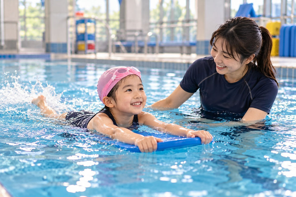 孩子抱著浮板開心打水,女教練在旁鼓勵