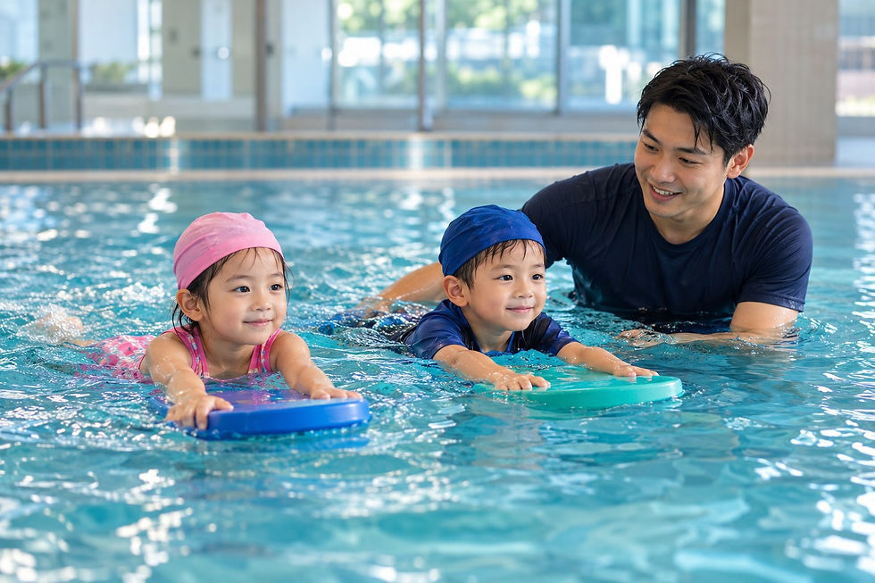 男教練帶兩個幼兒抱浮板練習打水