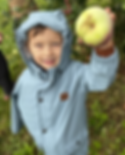 a kid hold up an apple he picked