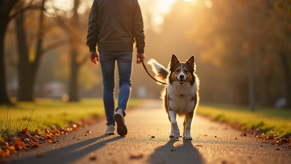 Eye-level view of a dog enjoying a calm walk with its owner