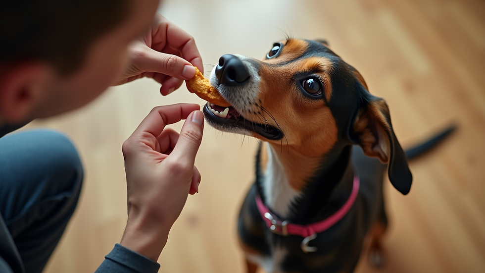 High-angle view of a dog receiving a treat for positive reinforcement
